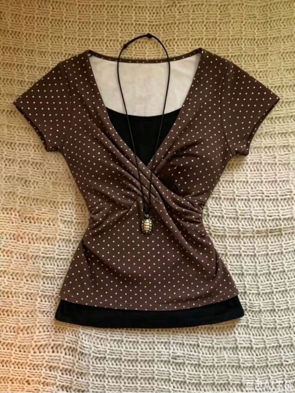 SHEIN Brown Polka Dot Faux-Layer Wrap Short Sleeve Top